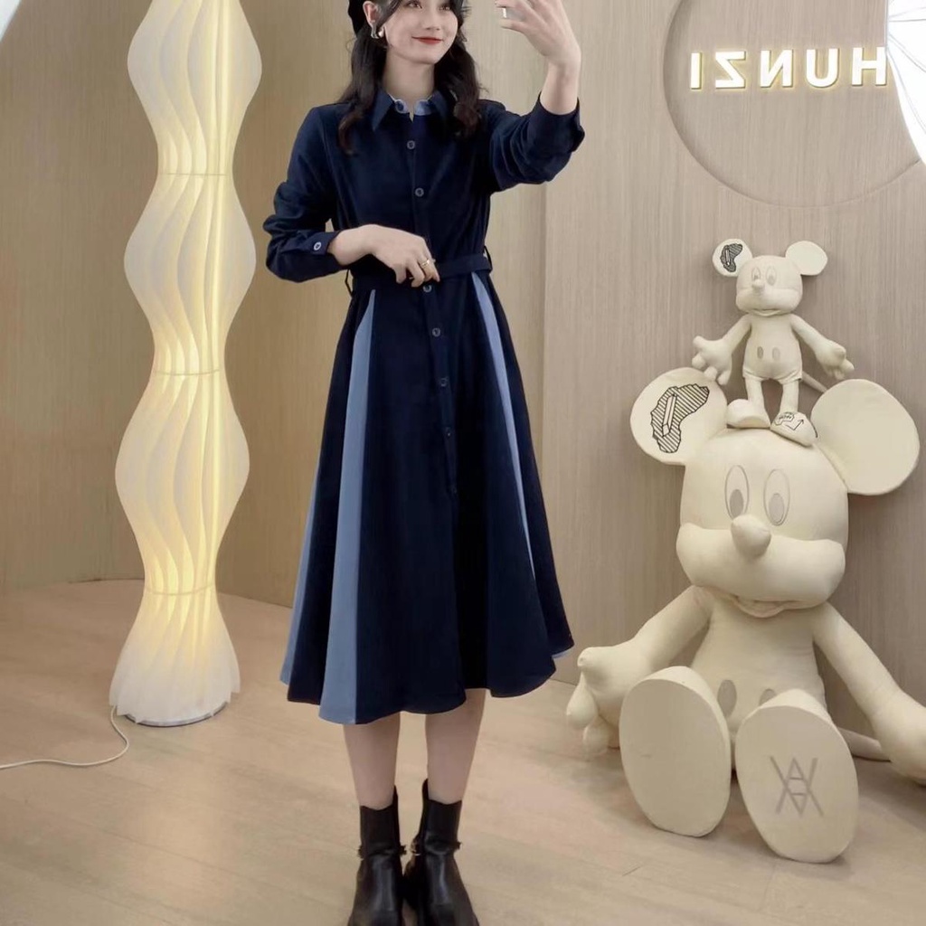 Minority design spelling waist shirt dress 2022 autumn and winter knee-length skirt light extravagant waist skirt