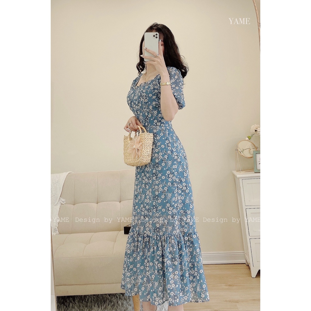 Váy đầm hoa nữ ngắn tay dáng dài màu xanh dương chất voan tơ lót lụa YAME