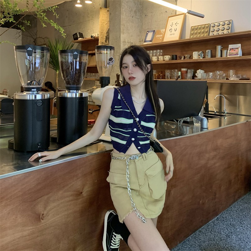 Áo khoác cardigan croptop XIAOZHAINV dệt kim sát nách họa tiết kẻ sọc trẻ trung thời trang dành cho nữ