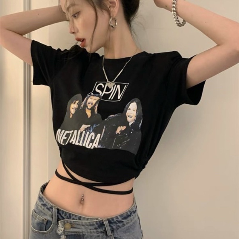 Áo kiểu croptop SPIN CỘT EO GB tay ngắn cổ tròn hình in sexy đơn giản năng động cá tính nữ phong cách hàn quốc alohashop