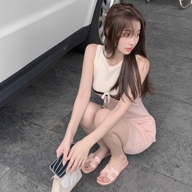 Đầm ZHELIHANGFEI không tay dệt kim ôm dáng vừa vặn trẻ trung quyến rũ dành cho nữ