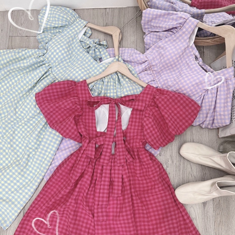 Đầm caro babydoll tay bồng midi VIBED