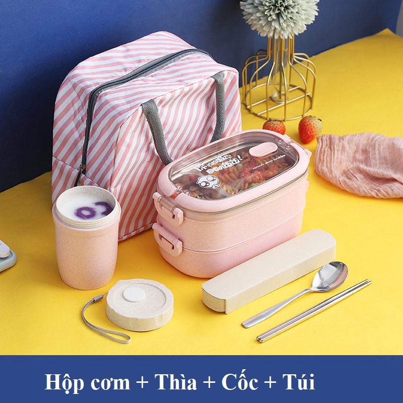 Hộp cơm 2 tầng inox tặng kèm bộ đũa muỗng, có quai xách tiện lợi