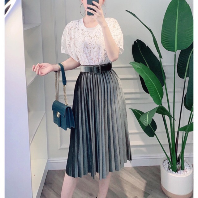 Chân váy nhung xếp ly xòe midi dài Quảng Châu kèm đai lưng cạp cao dáng chữ A sang trọng - Trumomy | BigBuy360 - bigbuy360.vn