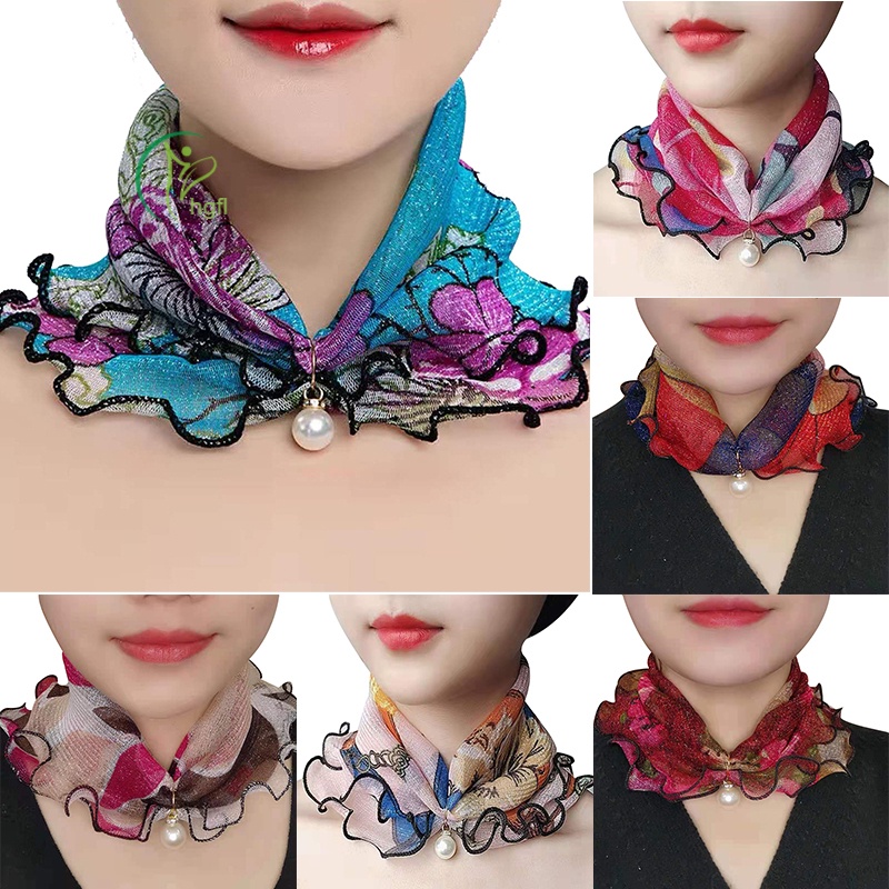 Khăn Choàng Cổ Chiffon Phối Ren Đính Ngọc Trai Đa Năng Thời Trang Dành Cho Nữ