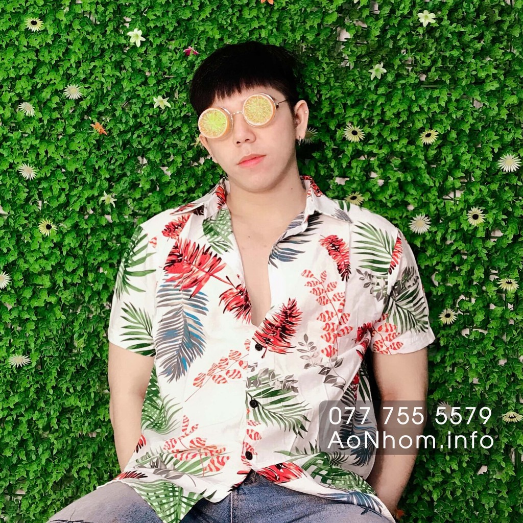Áo Sơ Mi Hawaii Đi Biển Mềm Mát - Lá Đỏ Lá Xanh - Áo Đôi Đồng Phục Nhóm Lớp Team Building Hoạ Tiết Hoa Lá Trái Cây