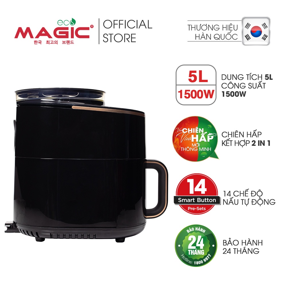 Nồi chiên không dầu kết hợp hấp siêu nhiệt Magic Eco S05 5L cho gia đình 4-6 người,5 chế độ tự động, bảo hành chính hãng