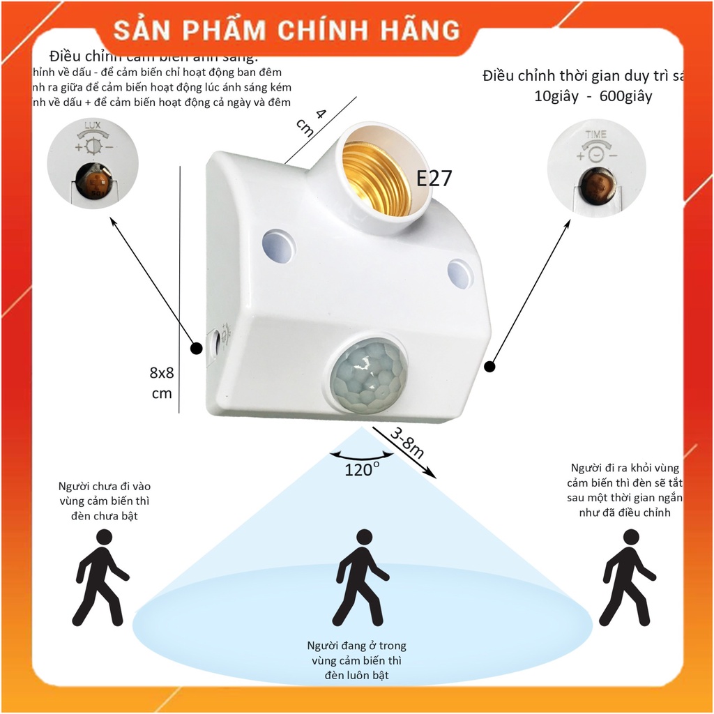 Đui đèn cảm biến hồng ngoại PIR cảm ứng chuyển động E27 thông minh tự bật sáng khi có người SLH-PIR (Đức Nhinh Shop)