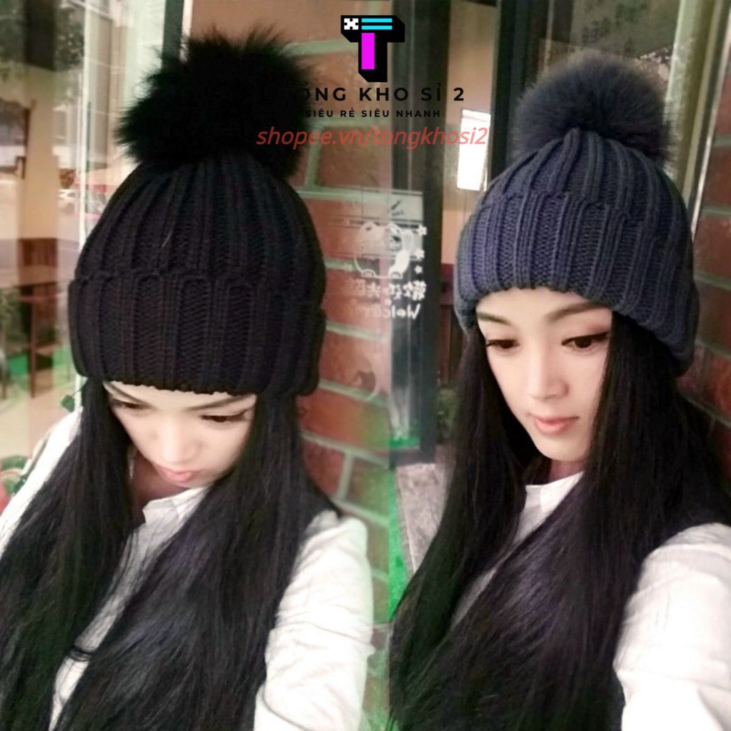 PVN20292 Mũ trùm đầu dệt kim phối banh lông thú giữ ấm cho mùa thu đông T2