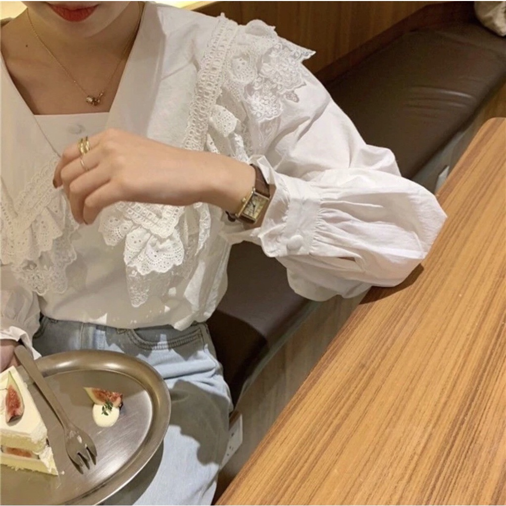 [Ảnh thật] Áo sơ mi viền ren cúc bọc ulzzang - Áo sơ mi babydoll cổ ren cúc bọc