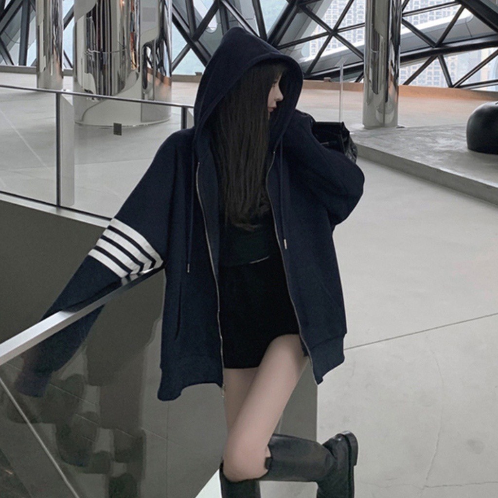 Áo Khoác 4 Vạch Ống Tay Thom Form Rộng Tay Phồng, Áo Hoodie Kéo Khóa
