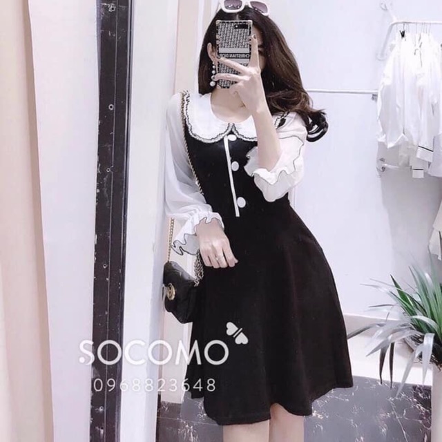 Đầm cát hàn phối tay vol ống loe cổ cánh sen kèm ảnh thật cuối