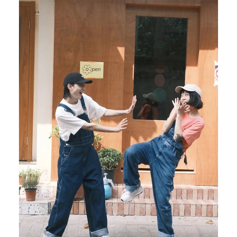 Quần Yếm denim Dáng Rộng Phong Cách retro Nhật Bản Cho Nam