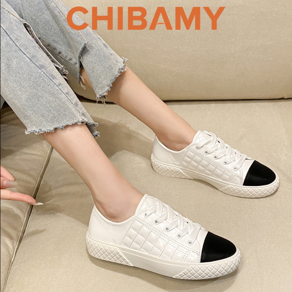 Giày thể thao nam nữ Chnel trắng da mềm, mũi đen cao cấp CHIBAMY, giày sneaker dáng basic đế dẻo cao 3cm