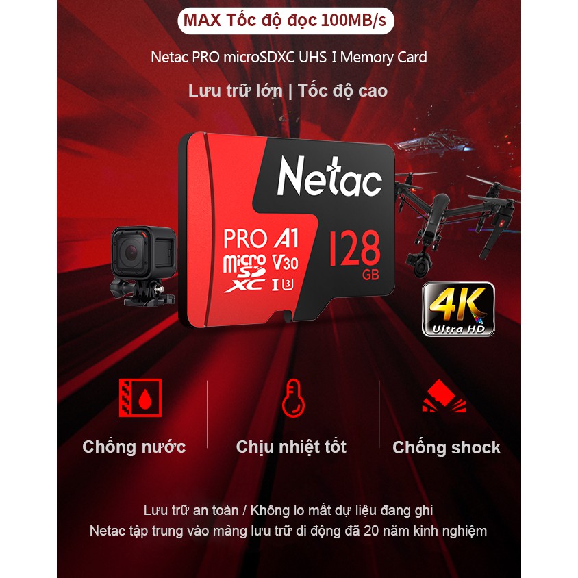 Thẻ nhớ MicroSD 128Gb Netac U3 Pro 100Mb/s