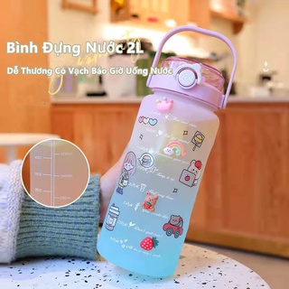 【free stickers】Bình Đựng Nước Dễ Thương Có Vạch Báo Giờ Uống Nước Bình nước 2 lít , bình đựng nước nhựa 2L có ống hút bình uống nước cho bé có ống hút