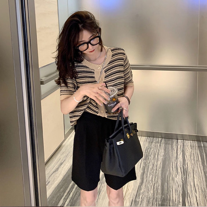 Happy-store  Áo Cardigan Dệt Kim Tay Dài Cổ Tròn Kẻ Sọc Caro Phong Cách Hàn Quốc Thời Trang Cho Nữ