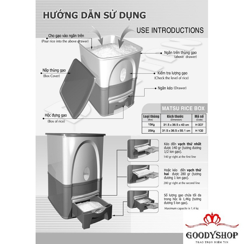 (Ưa Chuộng) Thùng Đựng gạo thông minh Matsu15Kg bảo quản hương vị thơm ngon của gạo GOODYSHOP