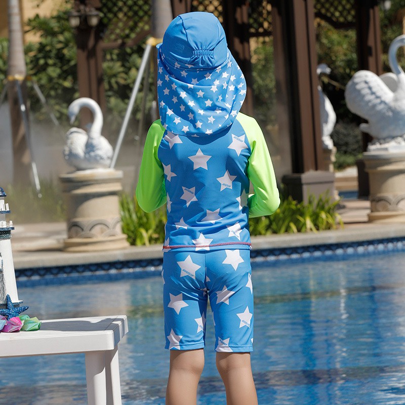Bộ đồ bơi dài tay hoạ tiết ngôi sao kèm nón che nắng cho bé trai, bé gái - Đồ bơi trẻ em DBBT82