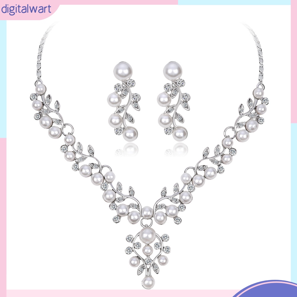 Bộ Vòng cổ + Bông Tai Hình Chiếc Lá Đính Kim Cương Giả &amp; Ngọc Trai Giả Cho Nữ