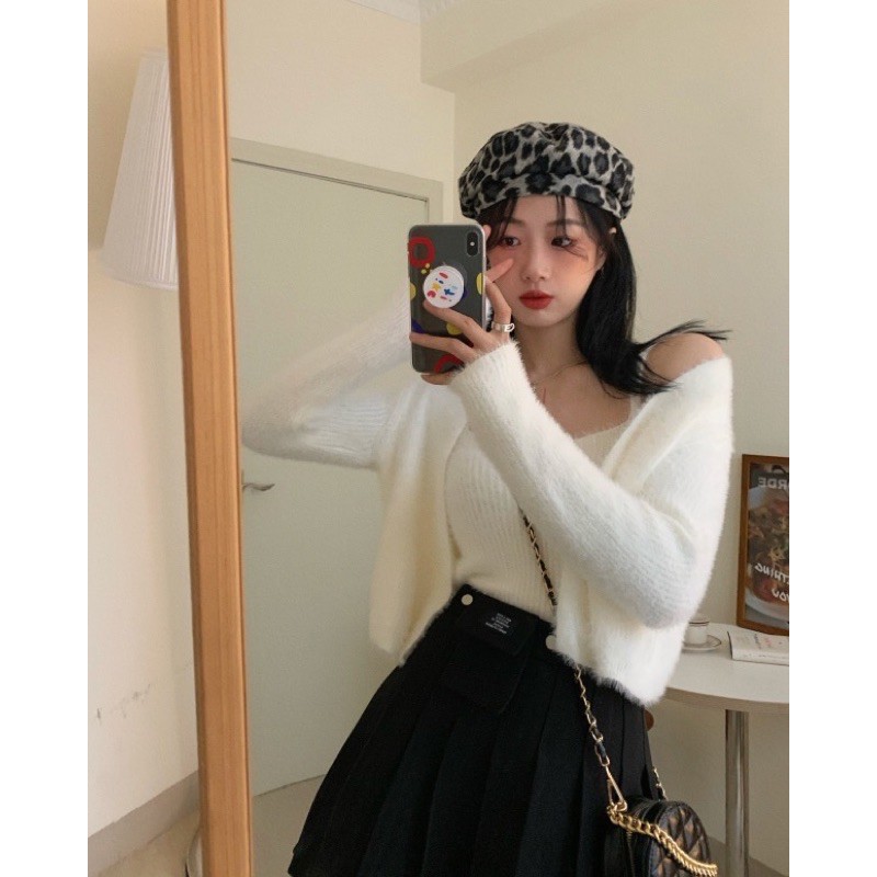 [SẴN ] Set áo lông 2 dây+áo khoác lông tay dài cực xinh 4 màu xanh/hồng/trắng/đen