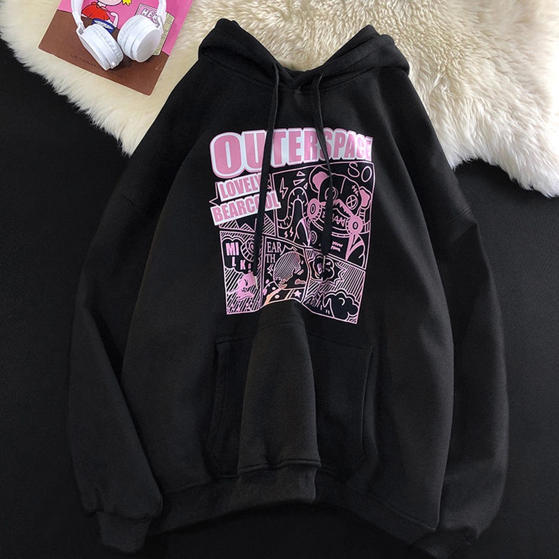 Áo Hoodie Nữ Tay Dài In Hình Trắng Đen Thời Trang Thu Đông
