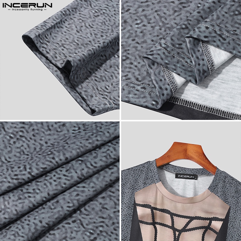 INCERUN Áo nam Ngắn Tay Cổ Tròn In Hình Thời Trang