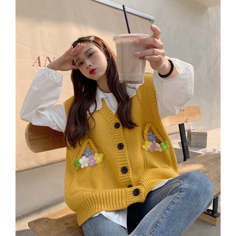 Áo Len Gile Ulzzang Cài Cúc, Phối Túi Giỏ Hoa Độc Đáo