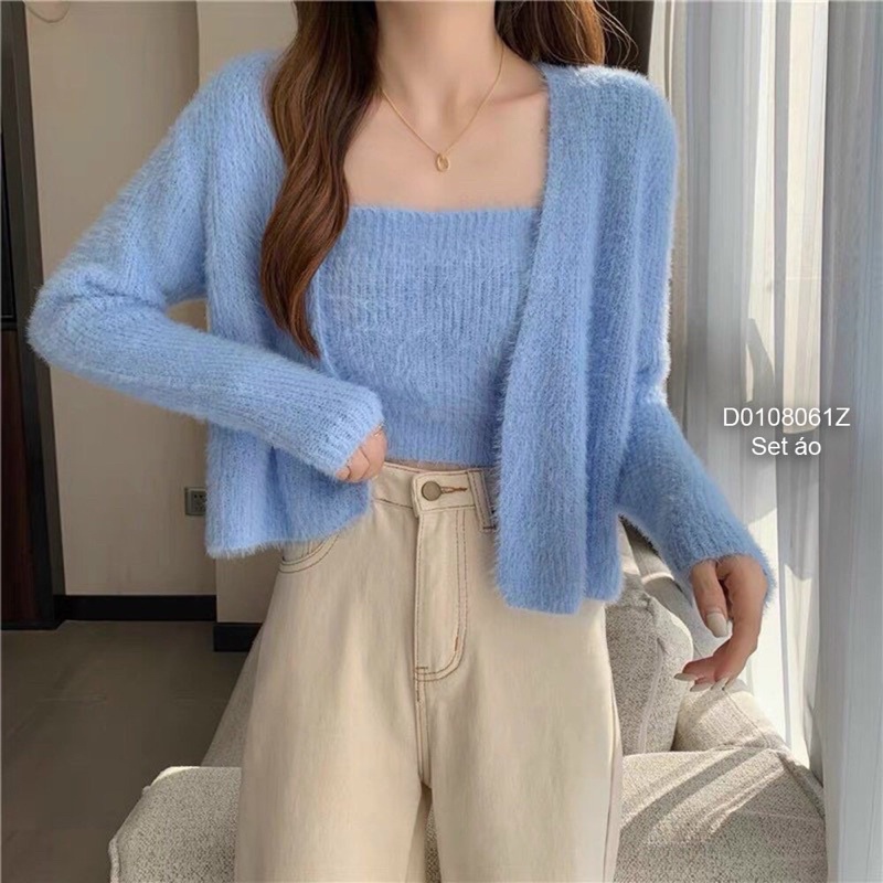 Set lông xù Áo khoác dài tay phối áo croptop hai dây TT0108