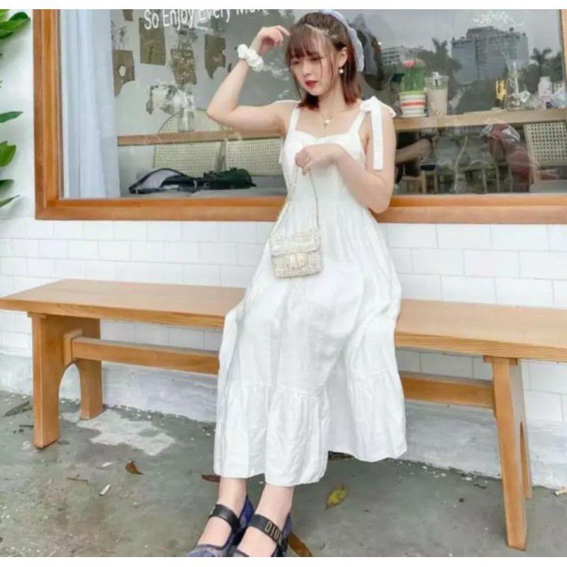 Đầm 2 dây cột nơ chất  vải đũi  mịn  đẹp mê ly  và sang trọng