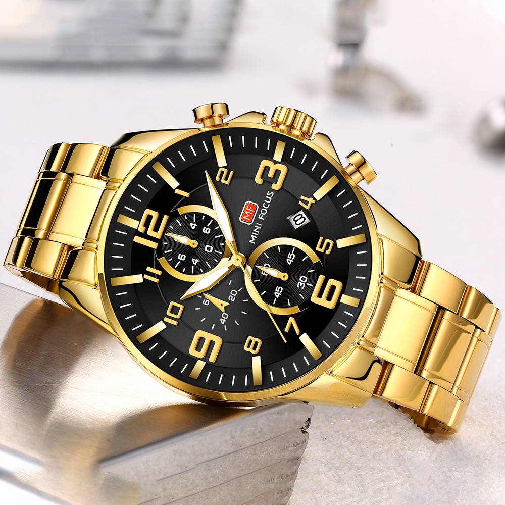 MINI FOUCS Đồng hồ nam thời trang vàng Quartz sang trọng chống nước đồng hồ nam