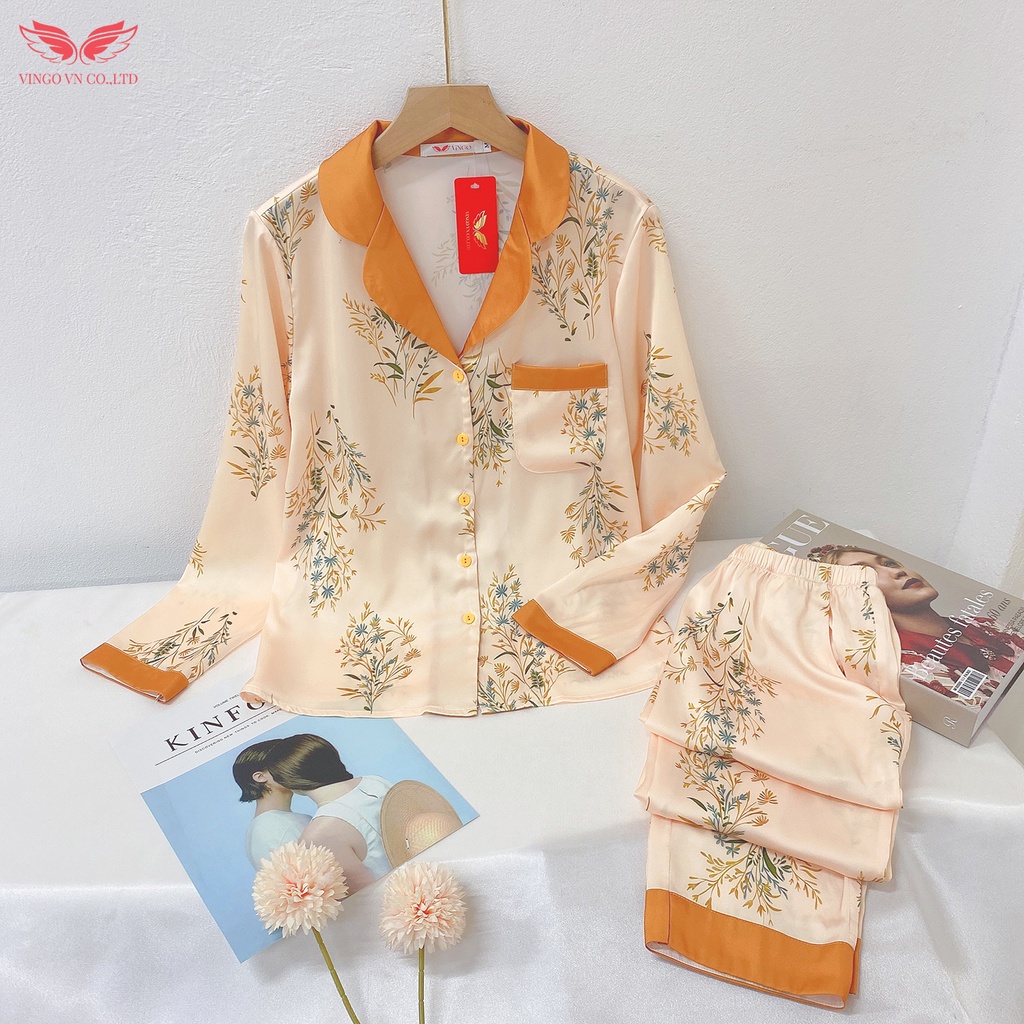 Đồ Bộ Nữ Pijama Mặc Nhà VINGO Lụa Pháp Cao Cấp Tay Dài Quần Dài Mùa Thu Đông Họa Tiết Hoa Vàng Nhỏ Thanh Lịch H595 VNGO