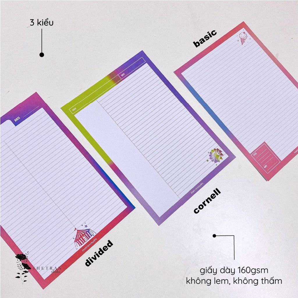 Bộ 10 tờ giấy ghi chép kẻ ngang A4, B5, A5, A6 cornell gradient / dream notepad / thetranstudio