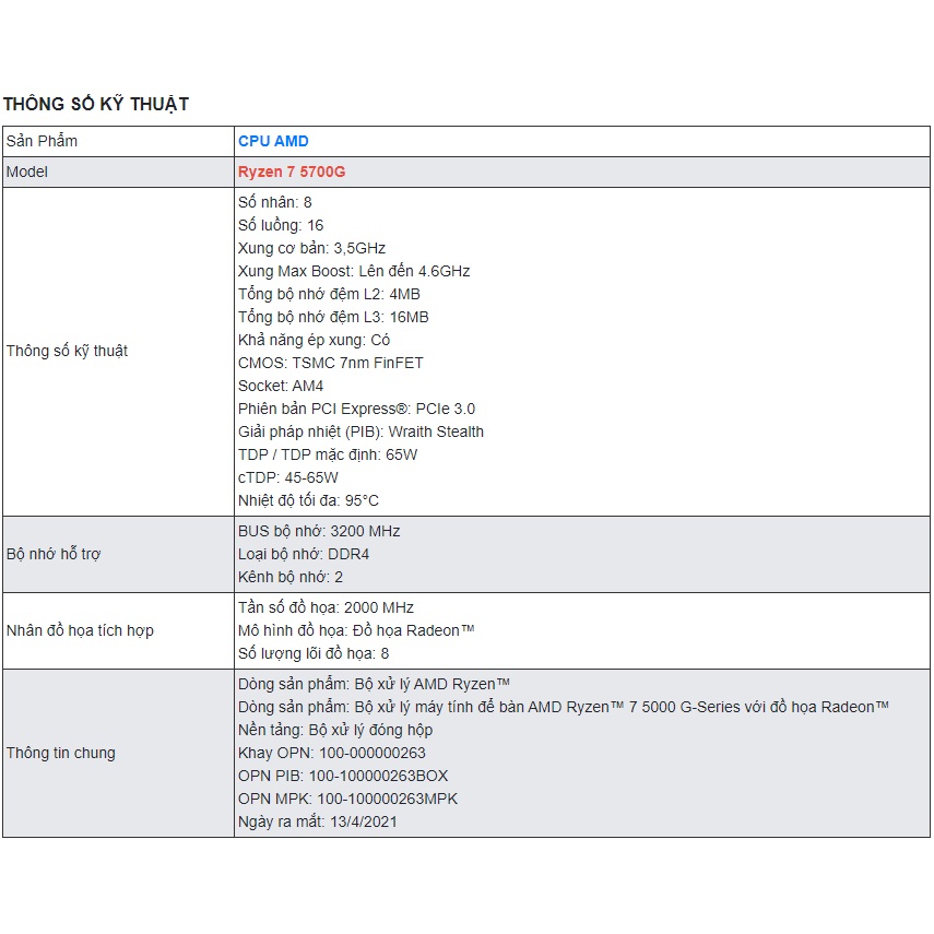 CPU AMD Ryzen 7 5700G (8 Nhân / 16 Luồng | 3.8GHz Boost 4.6GHz | 16MB Cache | TDP 65W)