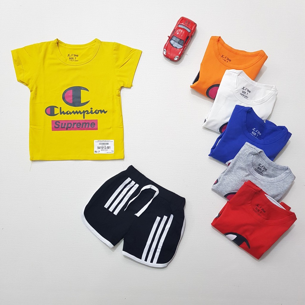 941913-M- Bộ BT cotton,cộc tay in champion,vàng,Made in VietNam,size bé 1-7,ri7,(combo 7 sản phẩm từ nhỏ đến lớn)