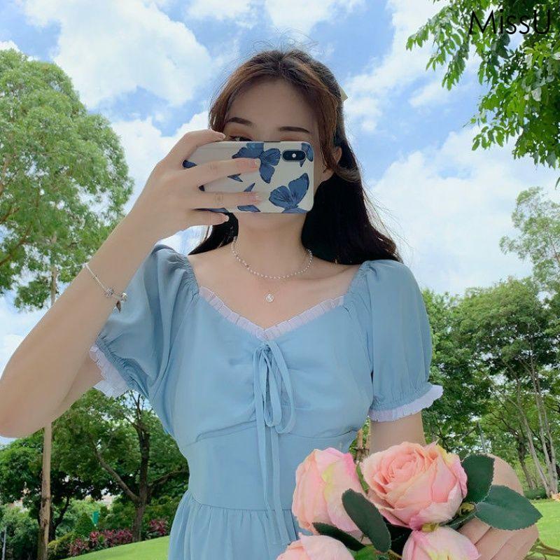 Đầm Maxi Tay Ngắn Phồng Cổ Thuyền Màu Xanh/Đen Thời Trang Mùa Hè Phong Cách Hàn Quốc Cho Nữ