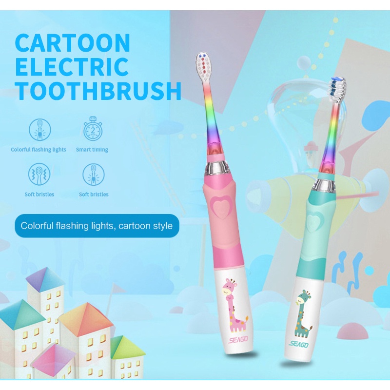 Seago Trẻ Em Âm Bàn Chải Đánh Răng Điện Cho 3-12 Lứa Tuổi Pin Đèn LED Âm Bàn Chải Tập Đánh Răng Hẹn Giờ Thông Minh Với 3 Thay Thế đầu Bàn Chải LELE