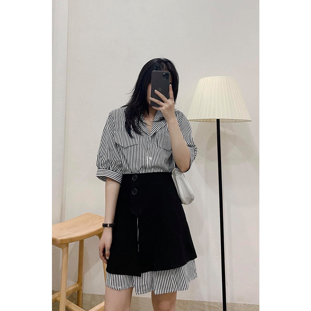Set áo sơ mi kẻ + Chân váy khuy đen
