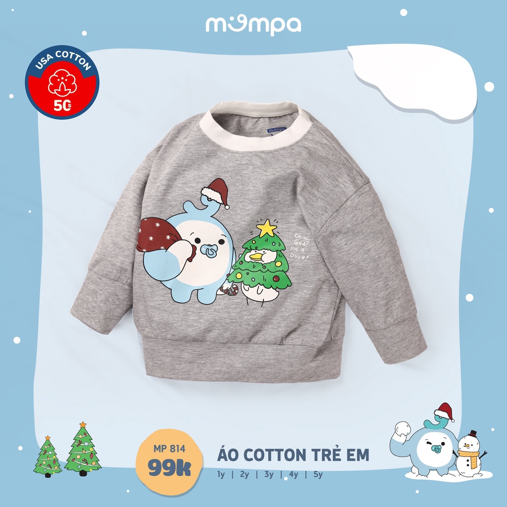 Áo dài tay cho bé Mompa 1-5 tuổi cotton giữ nhiệt cổ tròn bo ống thu đông 814
