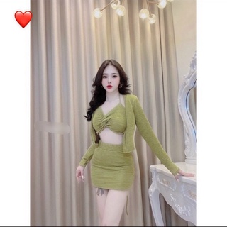 Sét xốp 3 món , áo yếm xoắn ngực phối chân váy ngắn ôm kèm áo khoác cực hot , chất thun xốp dày dặn
