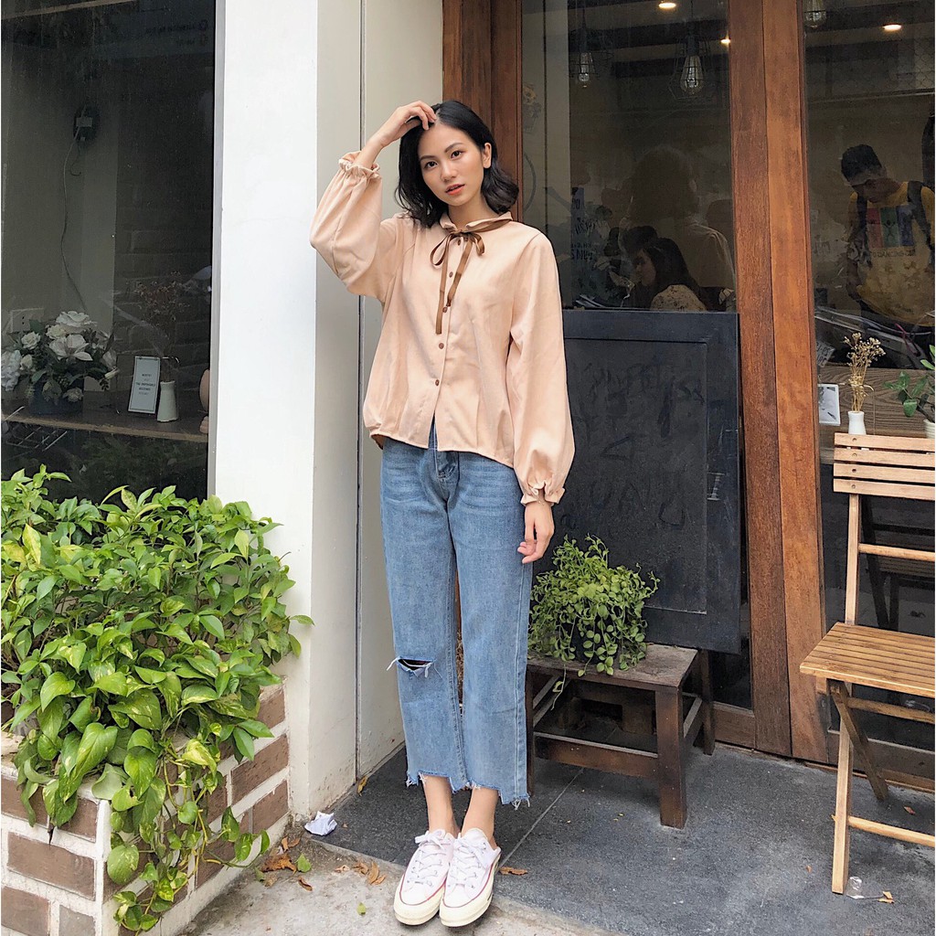 [Mã WASKT304 giảm 15% tối đa 30K đơn 99K] Áo sơ mi nhung cổ bèo nơ SA242 1994closet | BigBuy360 - bigbuy360.vn