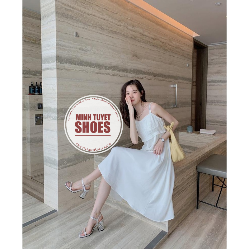 giày cao gót minhtuyetshoes sandal đế vuông 8cm-9cm quai mảnh đính đá xoàn mẫu mới đi tiệc