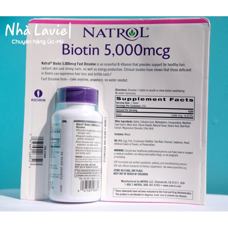 Viên ngậm Biotin 5000mcg hương dâu hãng Natrol Mỹ