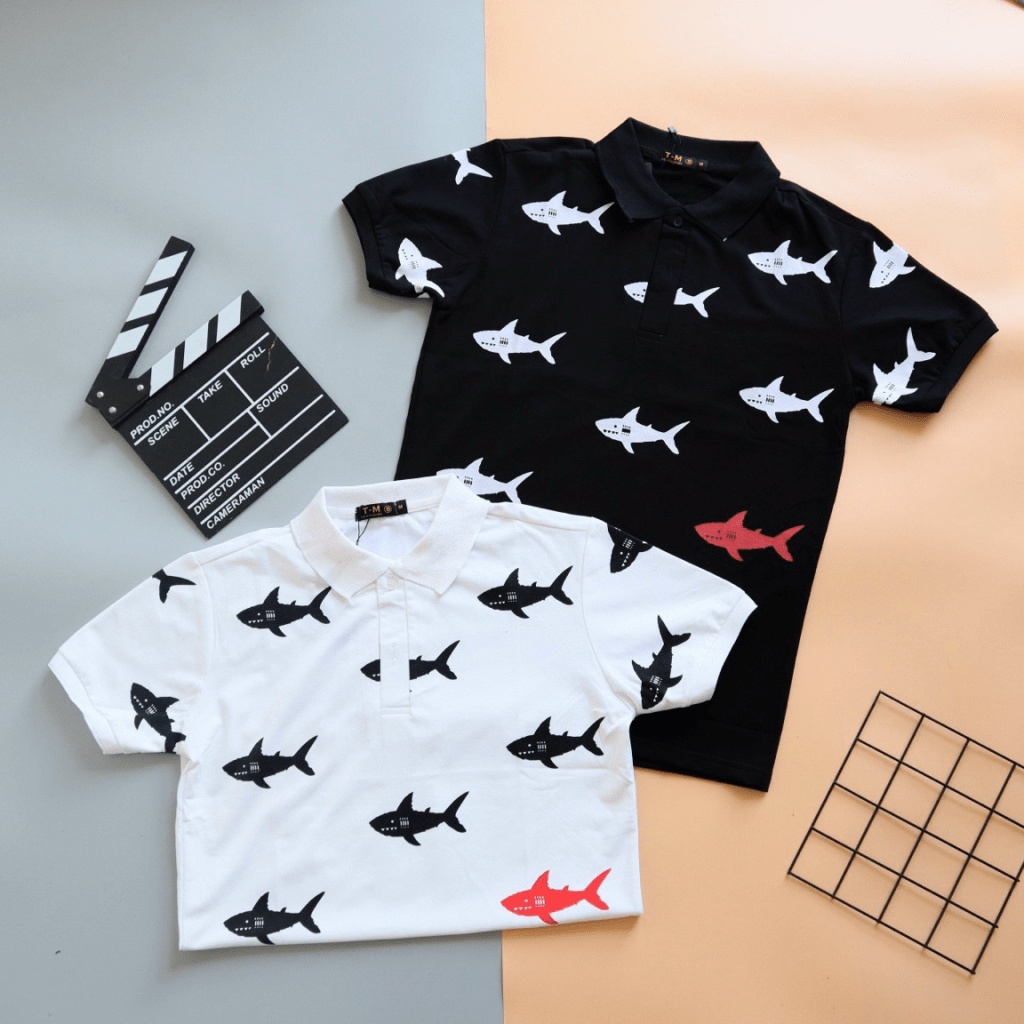 Áo Thun Nam Ngắn Tay Cổ Trụ Họa Tiết Cá Mập, Chất Cotton Mềm Mát Thấm Hút Mồ Hôi Tốt Thích Hợp Mọi Nơi [NEW UNISEX]