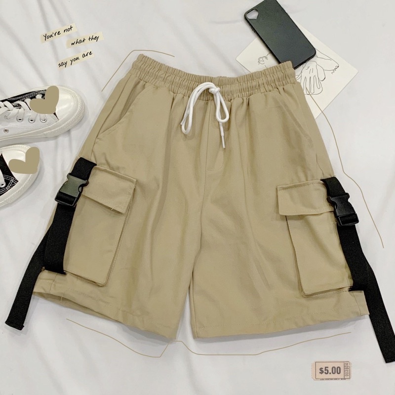Quần Short Kaki Unisex PACI màu ĐEN/BE  Nam nữ unisex  Quần short lưng thun túi hộp phối dây belt