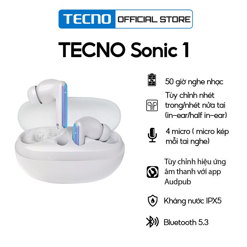 Tai nghe Tecno Sonic 1 | Bluetooth 5.3 | Chống nước IPX5 | 50 giờ chơi nhạc | - Hàng chính hãng