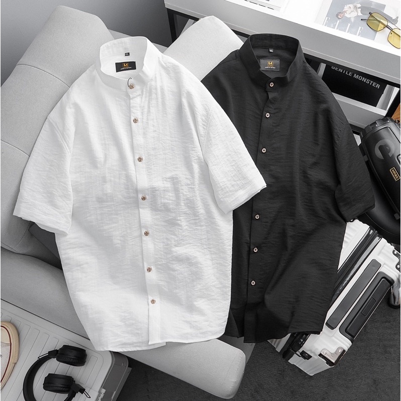 Áo sơ mi đũi nam ngắn tay cổ trụ gài nút dài Bigsize < 125kg