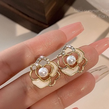 MOCHASHU Khuyên tai MOCHASHU hình hoa trà đính hạt ngọc trai nhân tạo cao cấp phong cách Hàn Quốc