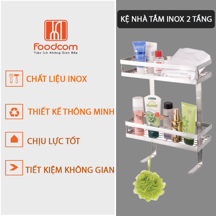 Kệ dán tường nhà tắm 2 tầng  Foodcom chất liệu inox  cao cấp không han gỉ có keo 3M chắc chắn