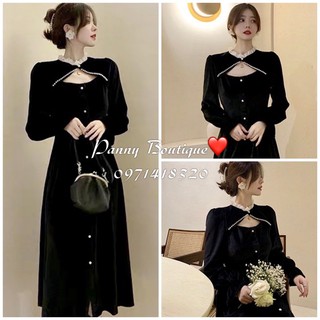 (Hàng sẵn có ảnh thật) Đầm nhung cổ tàu khoét ngực nút ngọc 🖤, style ulzzang Hàn Quốc 🌻 Panny Boutique 🌻
